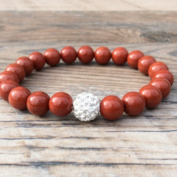 Red Jasper bracelet with rhinestone focal bead, crystal healing bracelet - Picture 3 of 9